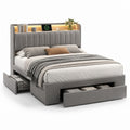 Letto matrimoniale contenitore grigio in similpelle PU rettangolare con testiera LED e 3 cassetti 160 x 200 cm
