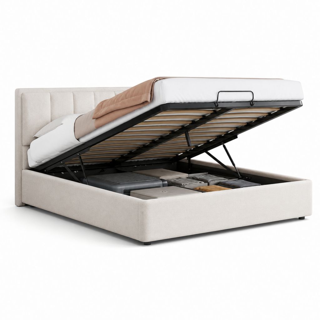 Letto contenitore matrimoniale beige in poliestere rettangolare 160 x 200 cm