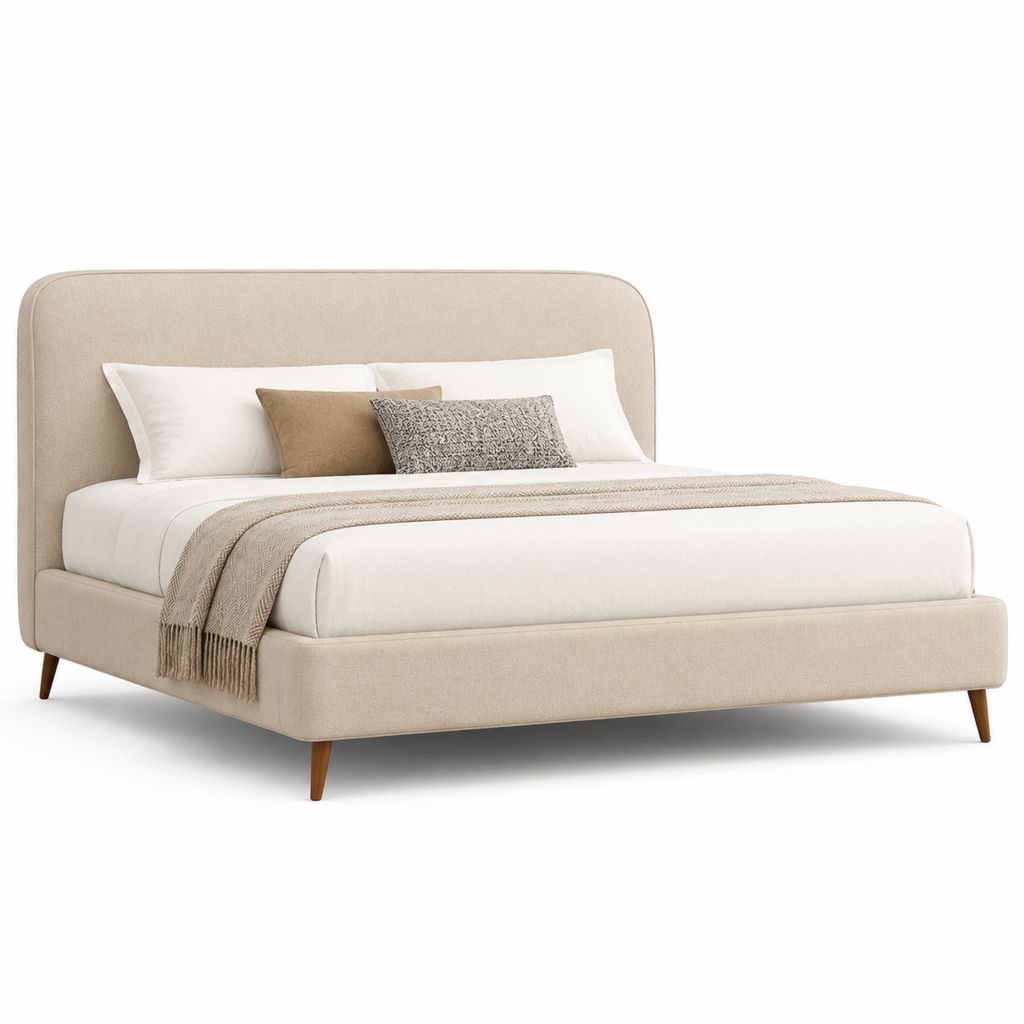 Letto matrimoniale imbottito beige in poliestere con testiera arrotondata 160 x 200 cm