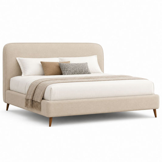 Letto matrimoniale imbottito beige in poliestere con testiera arrotondata 160 x 200 cm