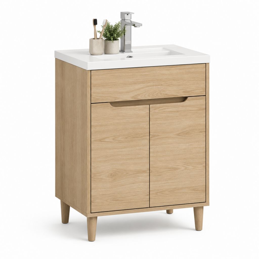 Mobile bagno con lavabo 60 x 46 x 85 cm rovere chiaro in MDF e ceramica bianca con 2 ante e cassetto