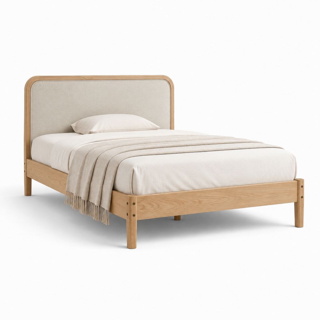 Letto matrimoniale rettangolare in rovere massello beige con testiera imbottita 160 x 200 cm