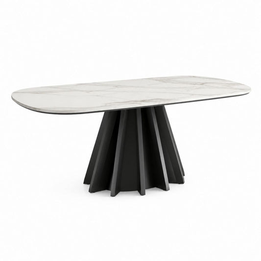 Tavolo da pranzo ovale bianco effetto marmo in pietra sinterizzata e acciaio nero 200 x 100 x 75 cm
