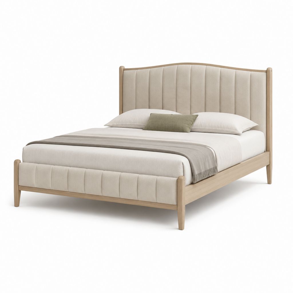 Letto matrimoniale 160x200 cm beige con struttura in legno massello e testiera imbottita
