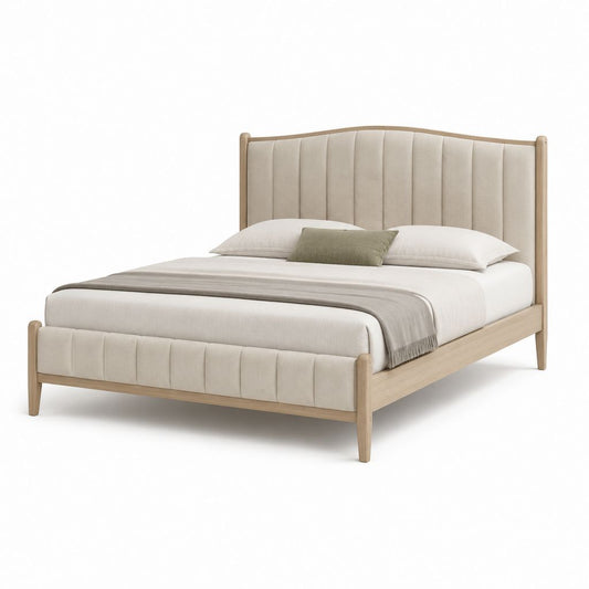 Letto matrimoniale 160x200 cm beige con struttura in legno massello e testiera imbottita