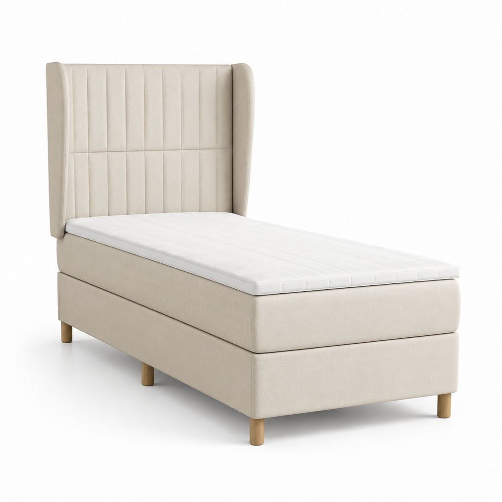 Letto singolo imbottito beige in poliestere con testiera alta 90 x 200 cm