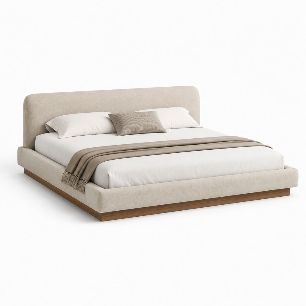 Letto matrimoniale imbottito beige in poliestere con struttura effetto noce per materasso 160 x 200 cm