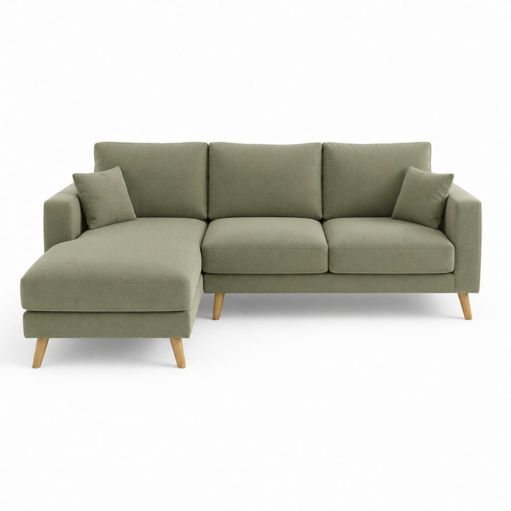 Divano angolare con chaise longue sinistra verde salvia in poliestere 230 x 150 x 85 cm