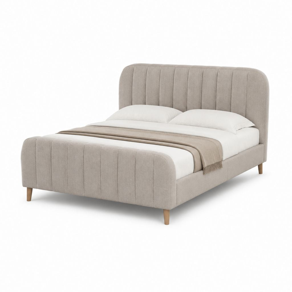 Letto matrimoniale imbottito beige in poliestere con testiera arrotondata 160 x 200 cm