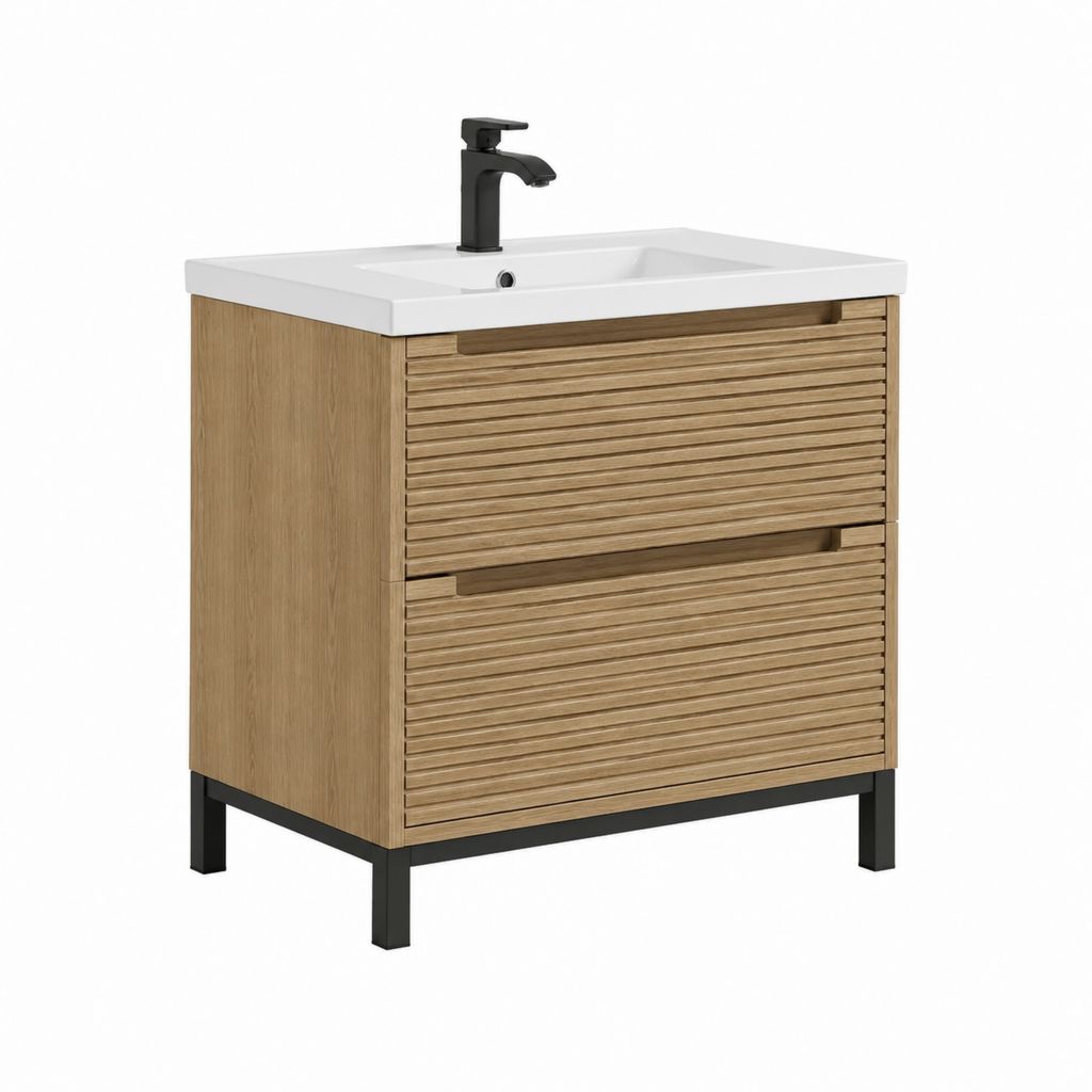 Mobile bagno con lavabo 80 x 46 x 85 cm rovere chiaro in MDF con 2 cassetti e struttura nera