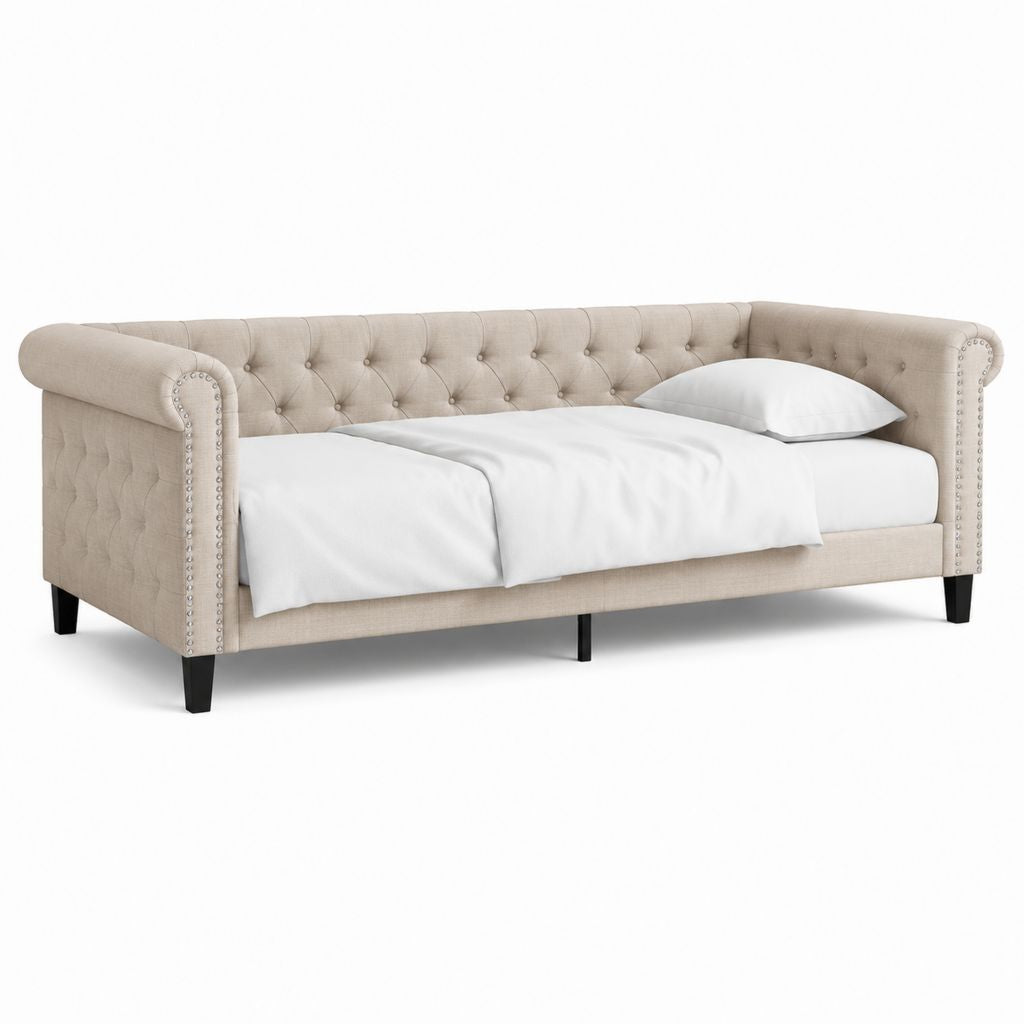 Letto singolo a divano beige in poliestere capitonné 90 x 200 cm