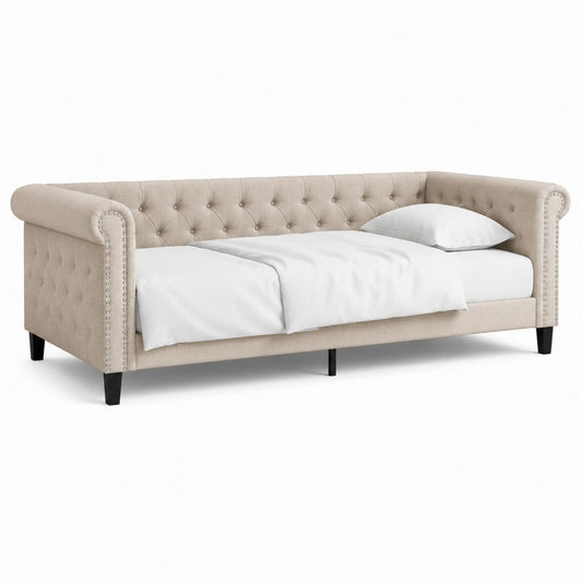 Letto singolo a divano beige in poliestere capitonné 90 x 200 cm