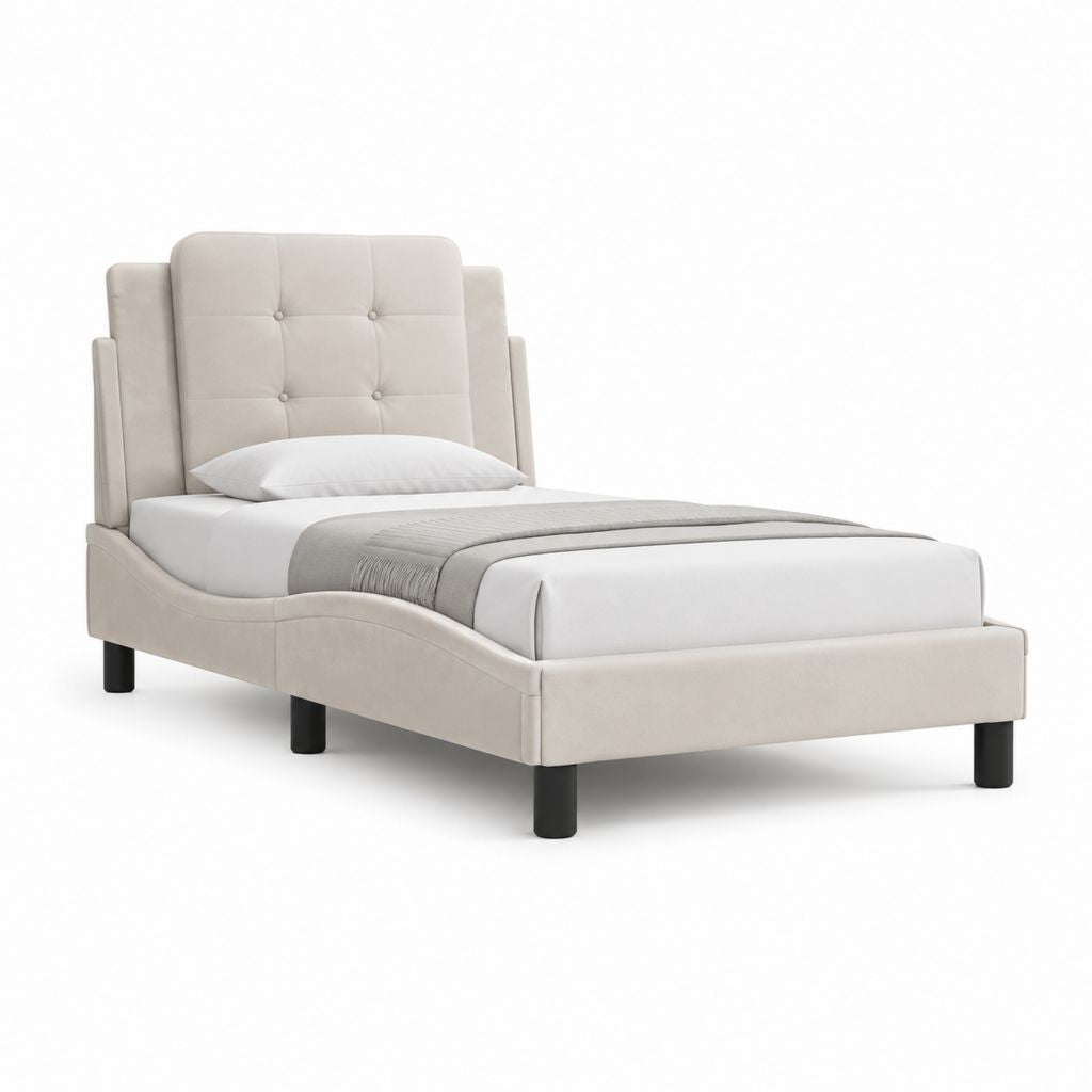 Letto singolo imbottito beige in velluto di poliestere con testiera capitonné 90 x 190 cm