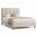 Letto matrimoniale imbottito beige con testiera alta rivestita in poliestere 160 x 200 cm