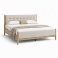 Letto matrimoniale 160x200 cm beige in legno massello e poliestere con testiera imbottita