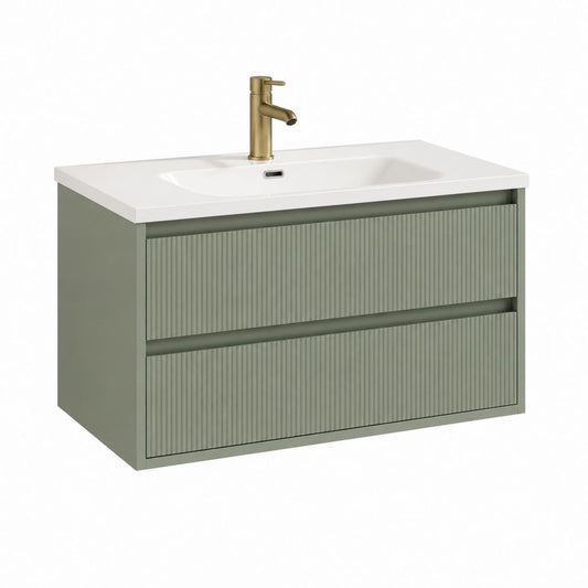 Mobile bagno sospeso con lavabo bianco 80 x 46 x 55 cm verde salvia in MDF con 2 cassetti