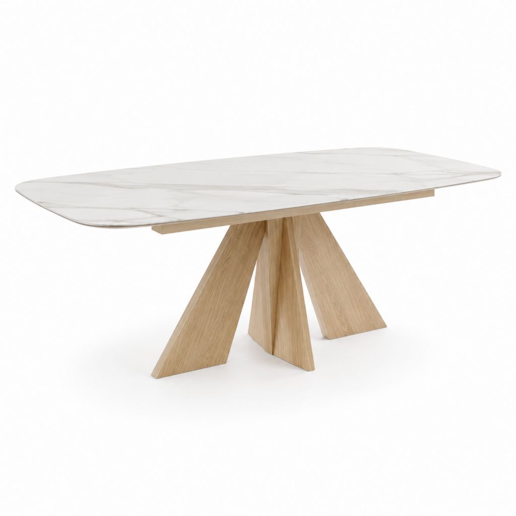 Tavolo da pranzo rettangolare bianco effetto marmo con base in rovere 180 x 90 x 75 cm