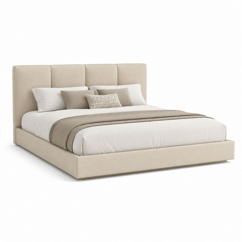 Letto matrimoniale imbottito beige in poliestere 160 x 200 cm con testiera alta rettangolare
