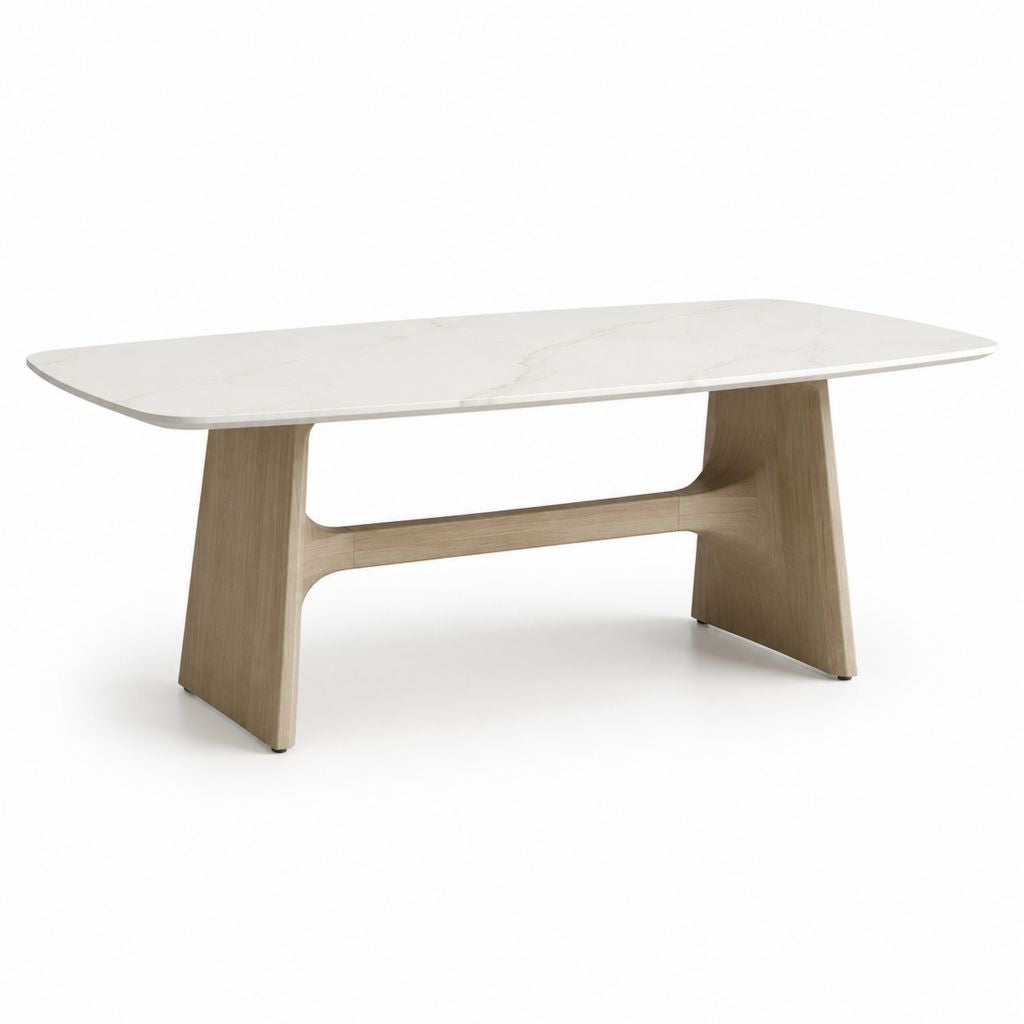 Tavolo da pranzo rettangolare bianco e rovere in gres porcellanato e MDF 180 x 90 x 75 cm