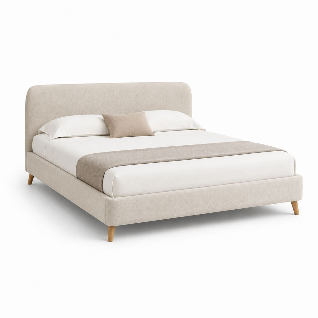Letto matrimoniale imbottito beige in poliestere con testiera arrotondata 174 x 215 x 105 cm