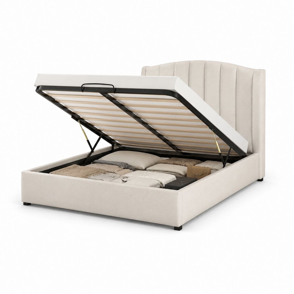 Letto matrimoniale contenitore beige in poliestere rettangolare 160 x 200 cm