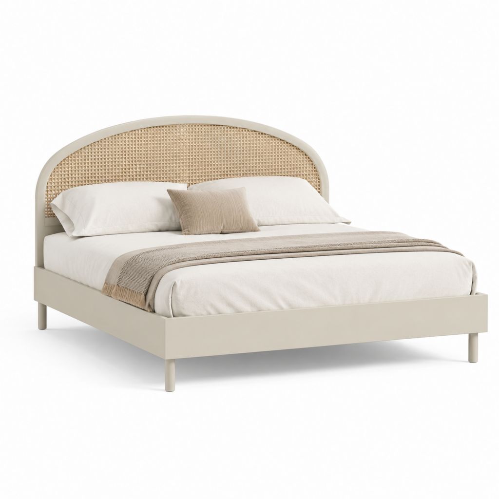 Letto matrimoniale 160 x 200 cm beige in MDF e rattan con testiera arrotondata