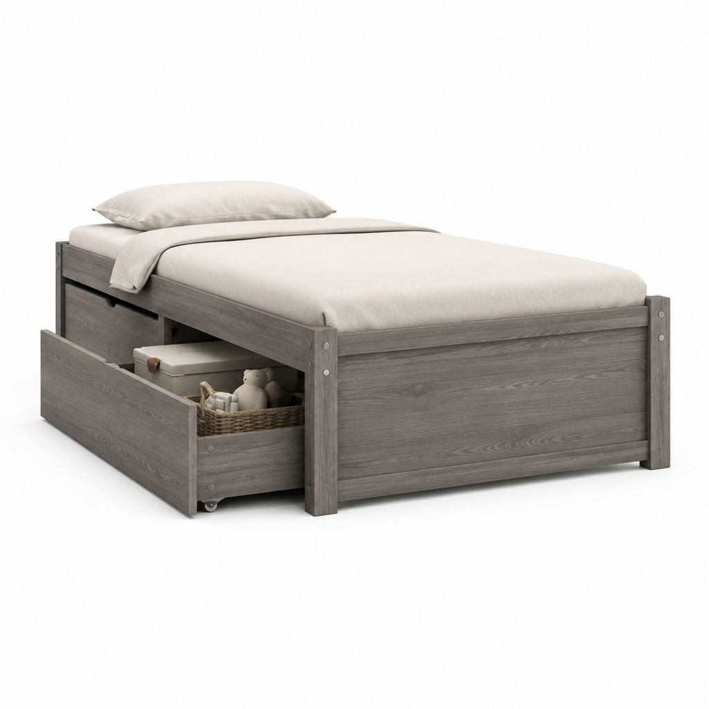 Letto singolo con cassetto contenitore grigio in legno massello di pino 90 x 200 cm
